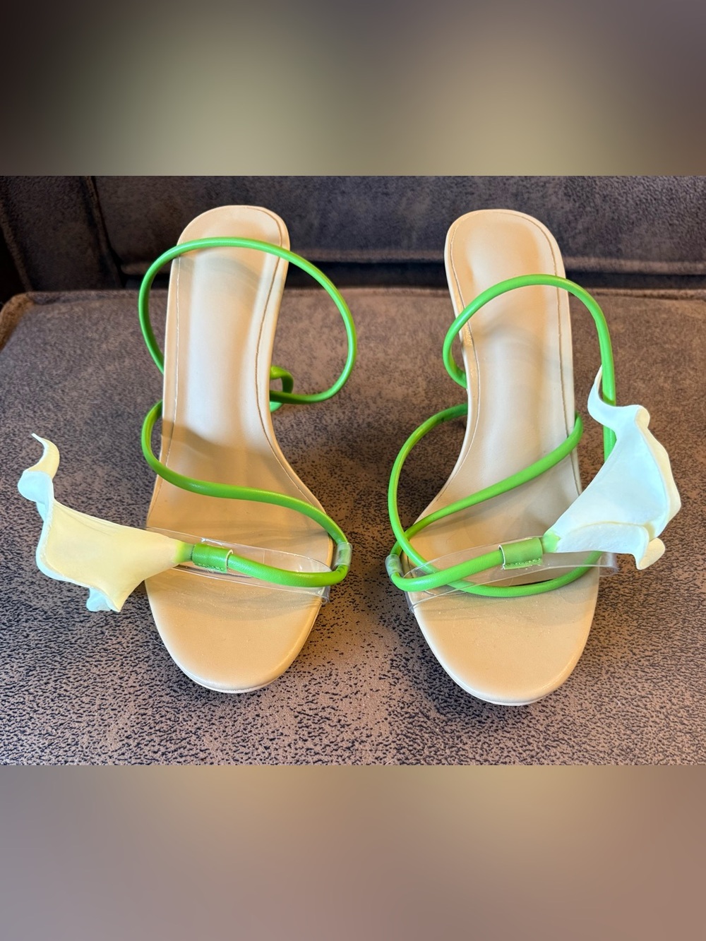 Women's Strappy Heeled Sandals in Beige and Lime Green with Calla Lillies
